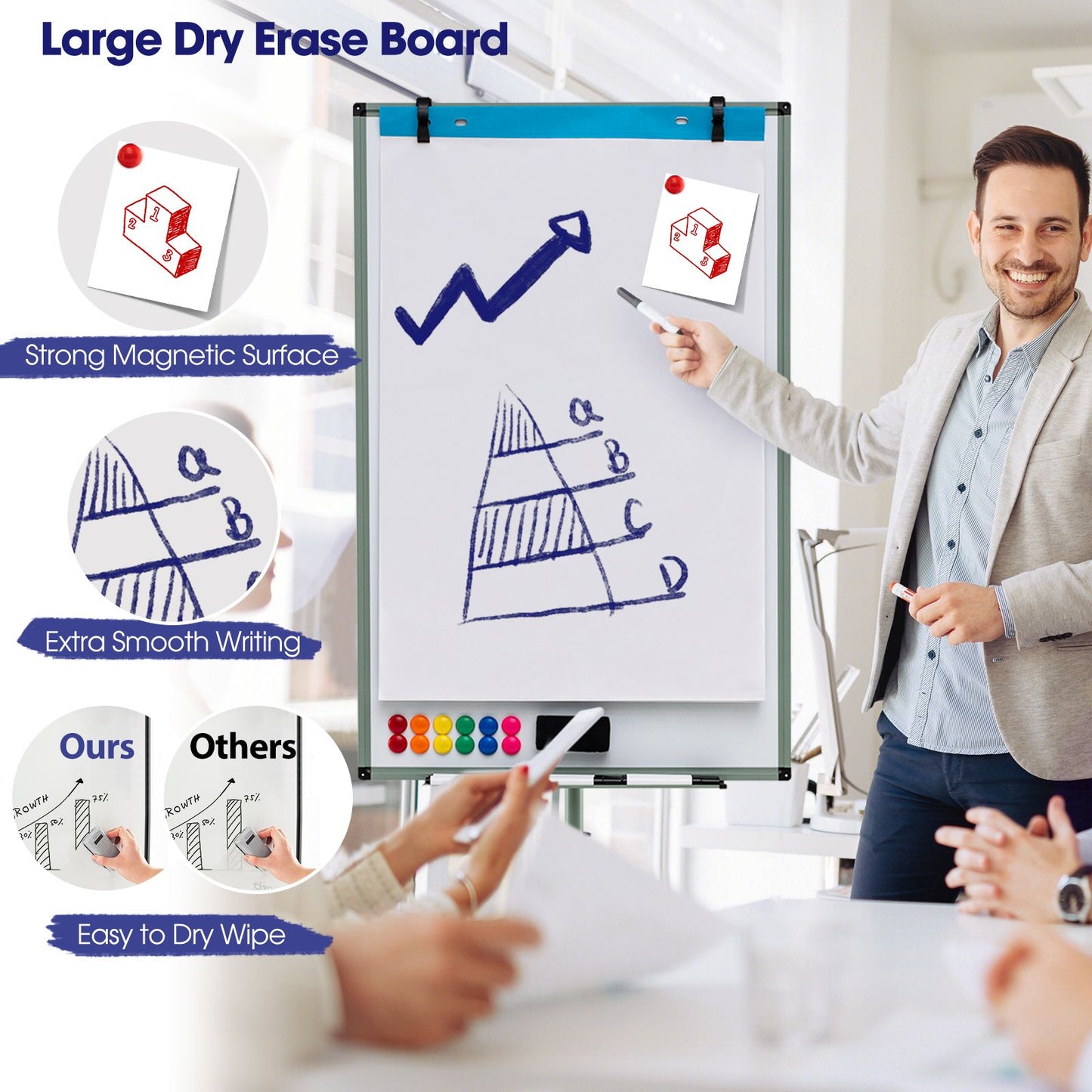 Height-Adjustable Magnetic Whiteboard on Wheels – 100 x 65 cm with Accessories