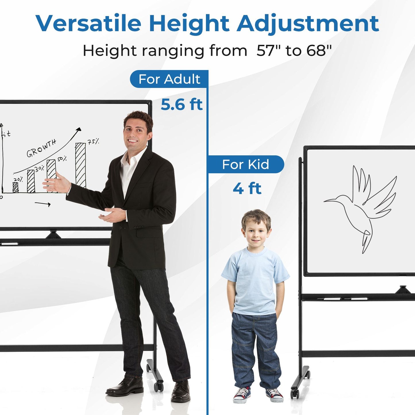 Reversible Mobile White Board with Adjustable Height