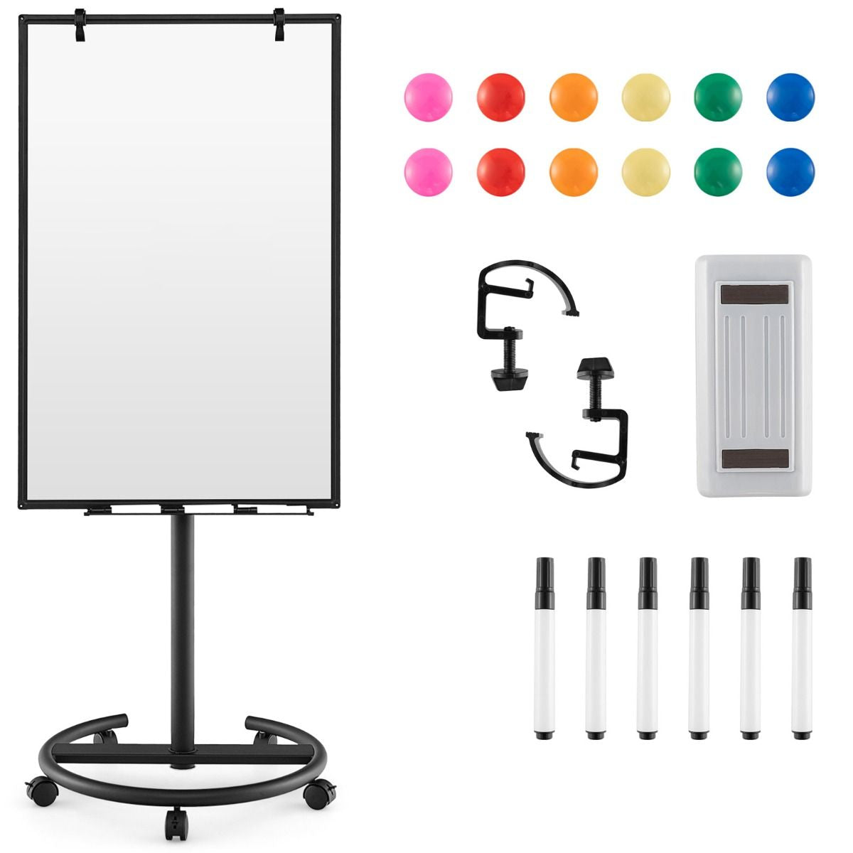 Height-Adjustable Magnetic Whiteboard on Wheels – 100 x 65 cm with Accessories