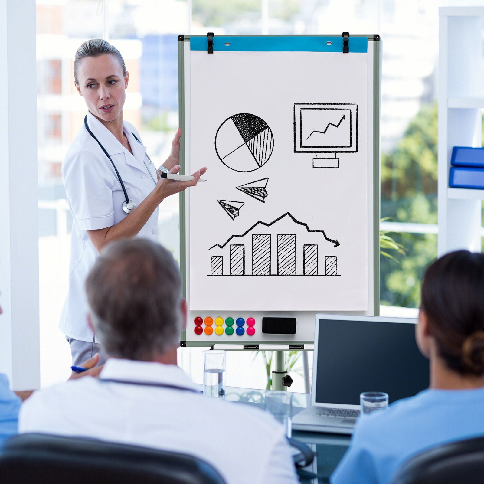Height-Adjustable Magnetic Whiteboard on Wheels – 100 x 65 cm with Accessories