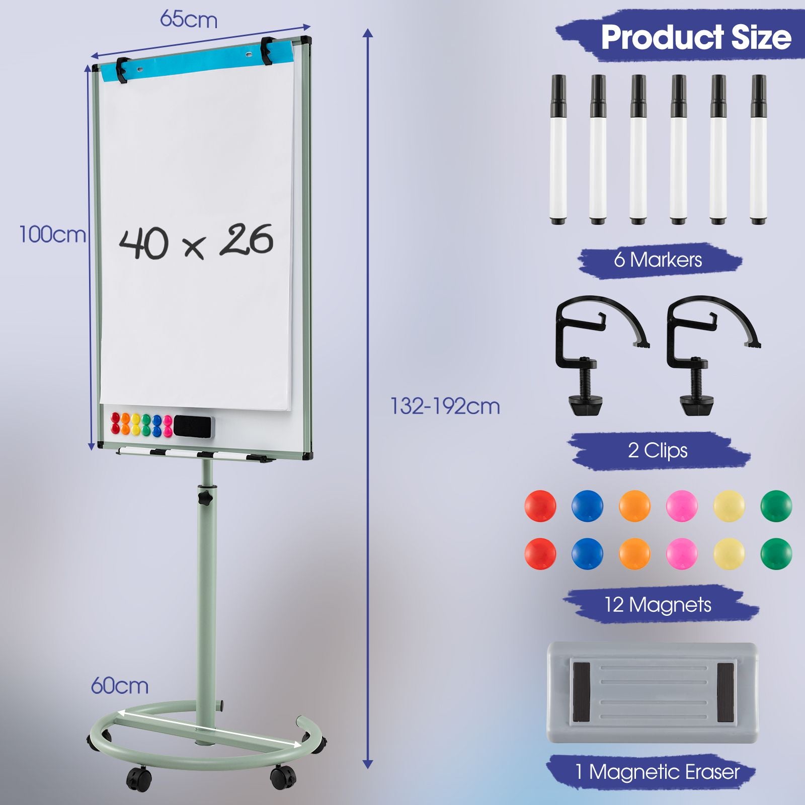 Height-Adjustable Magnetic Whiteboard on Wheels – 100 x 65 cm with Accessories