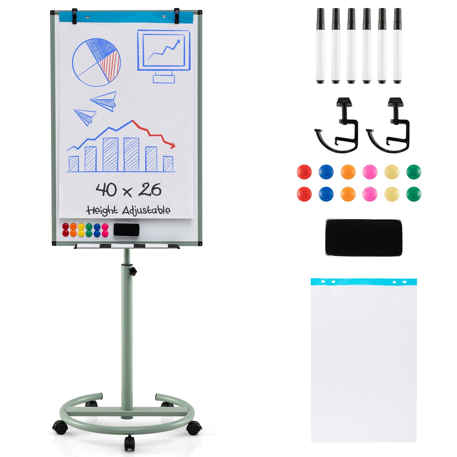 Height-Adjustable Magnetic Whiteboard on Wheels – 100 x 65 cm with Accessories