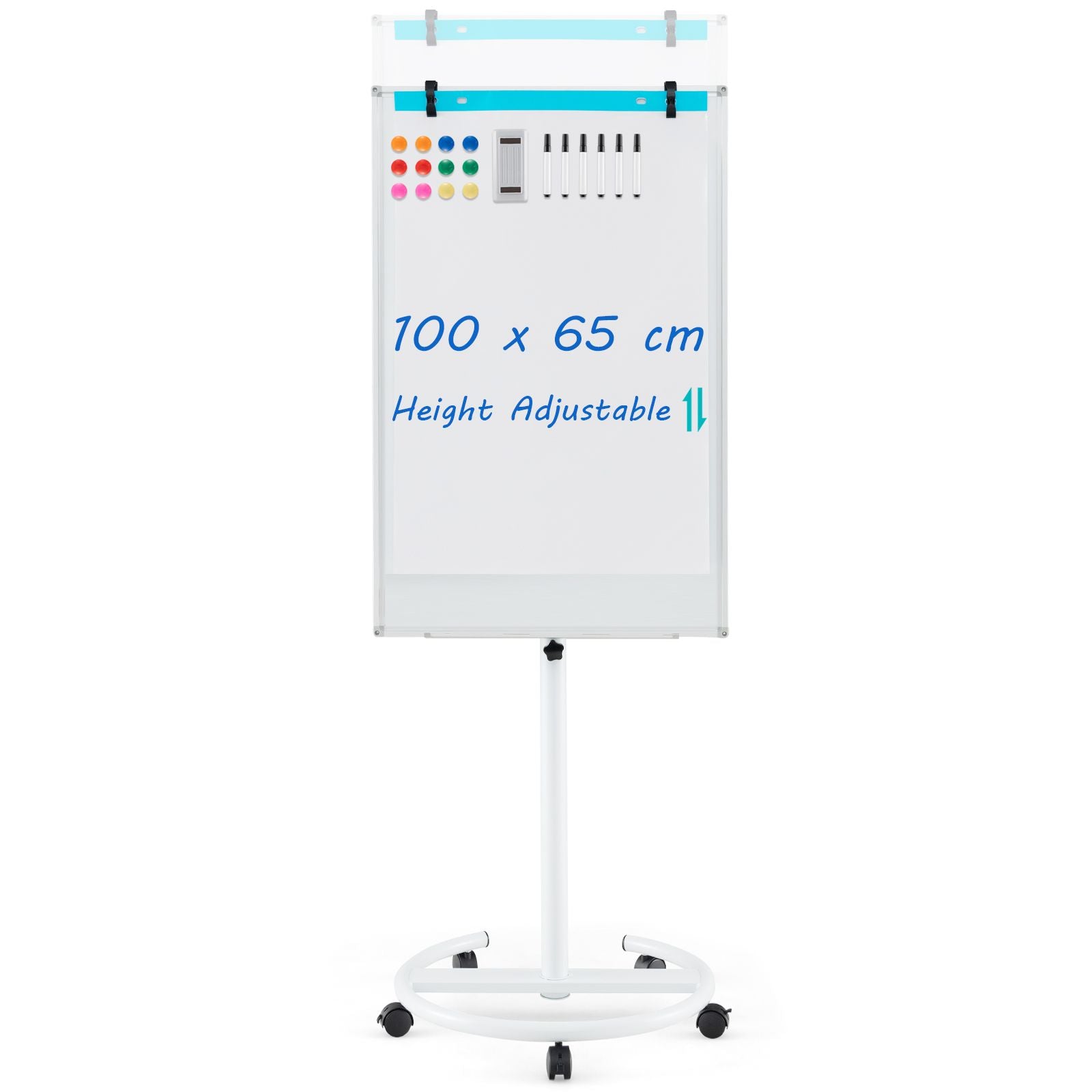 Height-Adjustable Magnetic Whiteboard on Wheels – 100 x 65 cm with Accessories