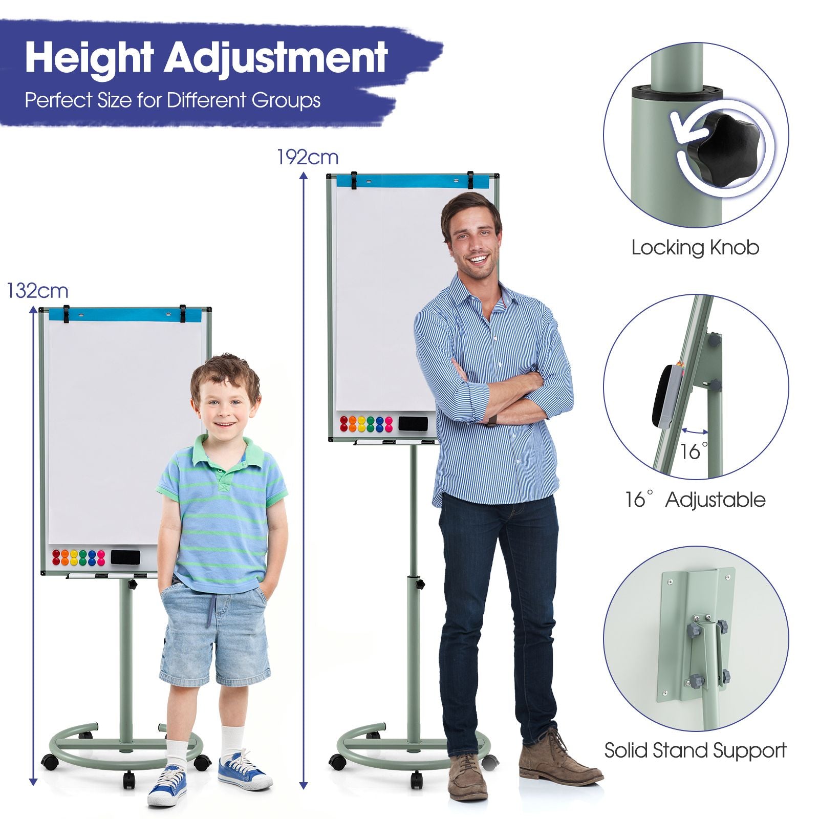 Height-Adjustable Magnetic Whiteboard on Wheels – 100 x 65 cm with Accessories