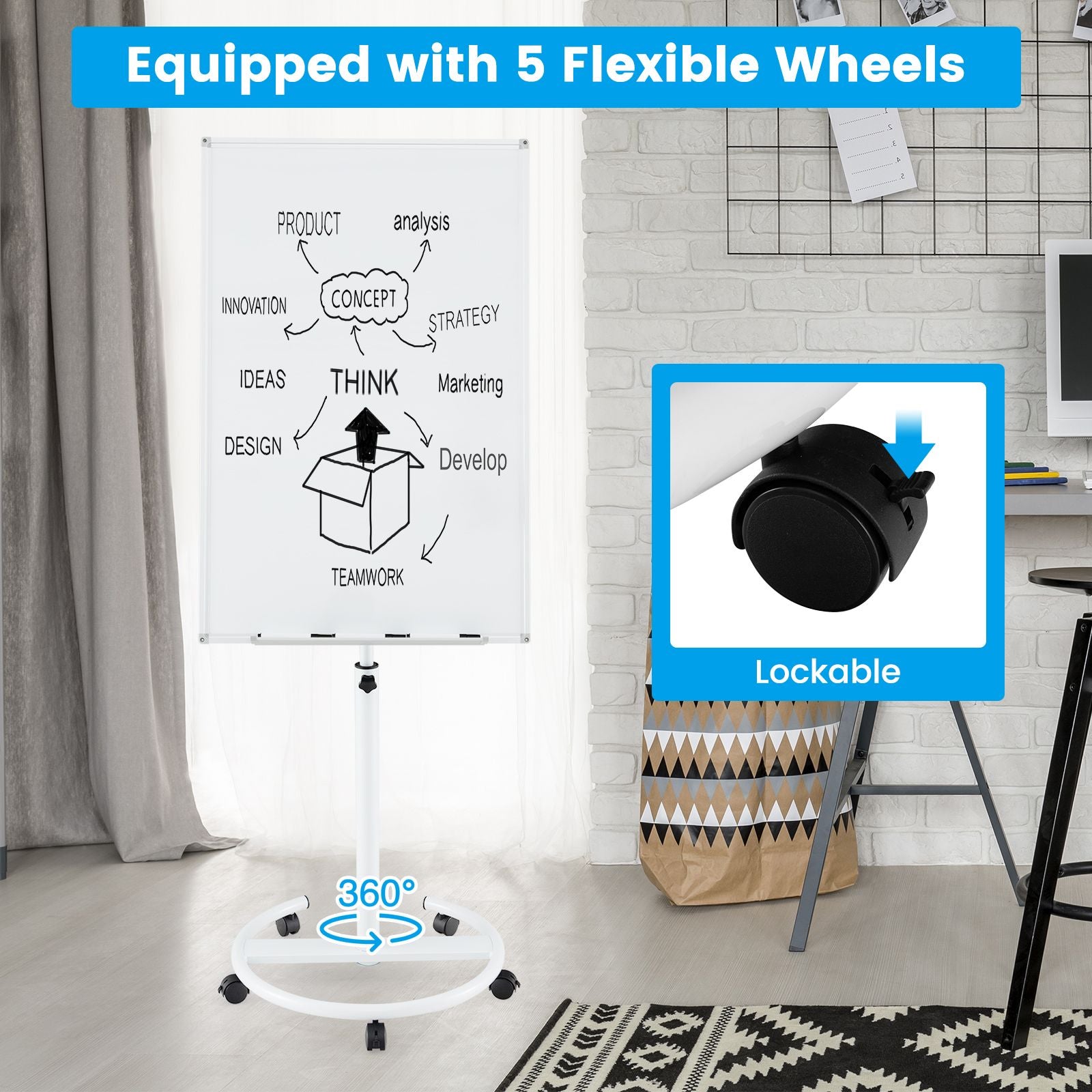 Height-Adjustable Magnetic Whiteboard on Wheels – 100 x 65 cm with Accessories