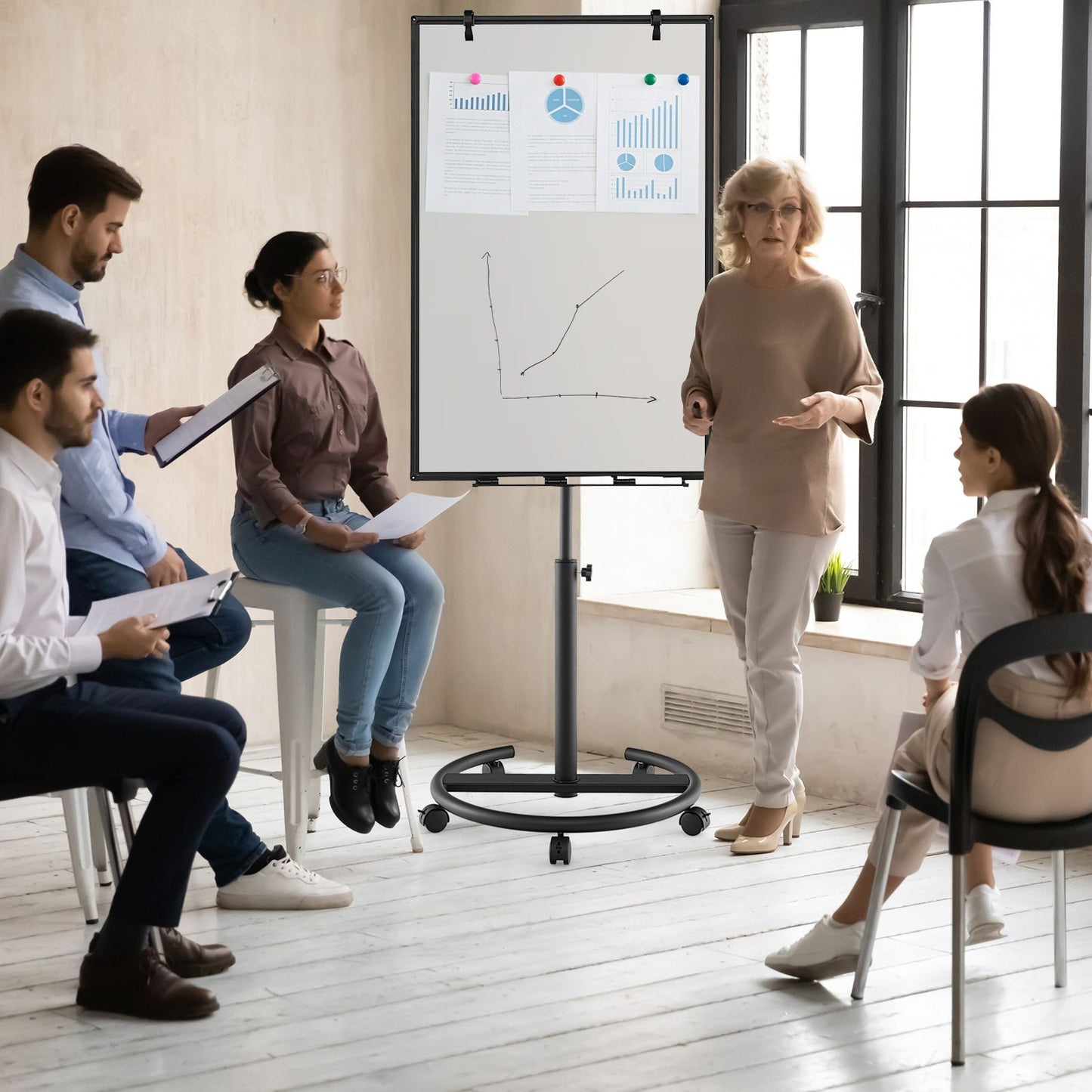 Height-Adjustable Magnetic Whiteboard on Wheels – 100 x 65 cm with Accessories