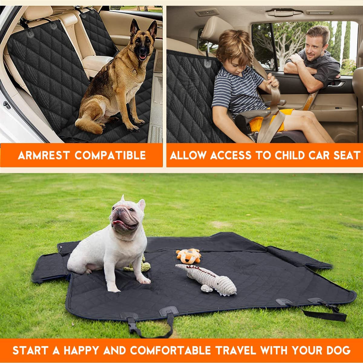 Dog Car Seat Cover – Waterproof, Non-Slip Pet Back Seat Protector for Cars, SUVs & Trucks, Fits Middle Armrest – Black