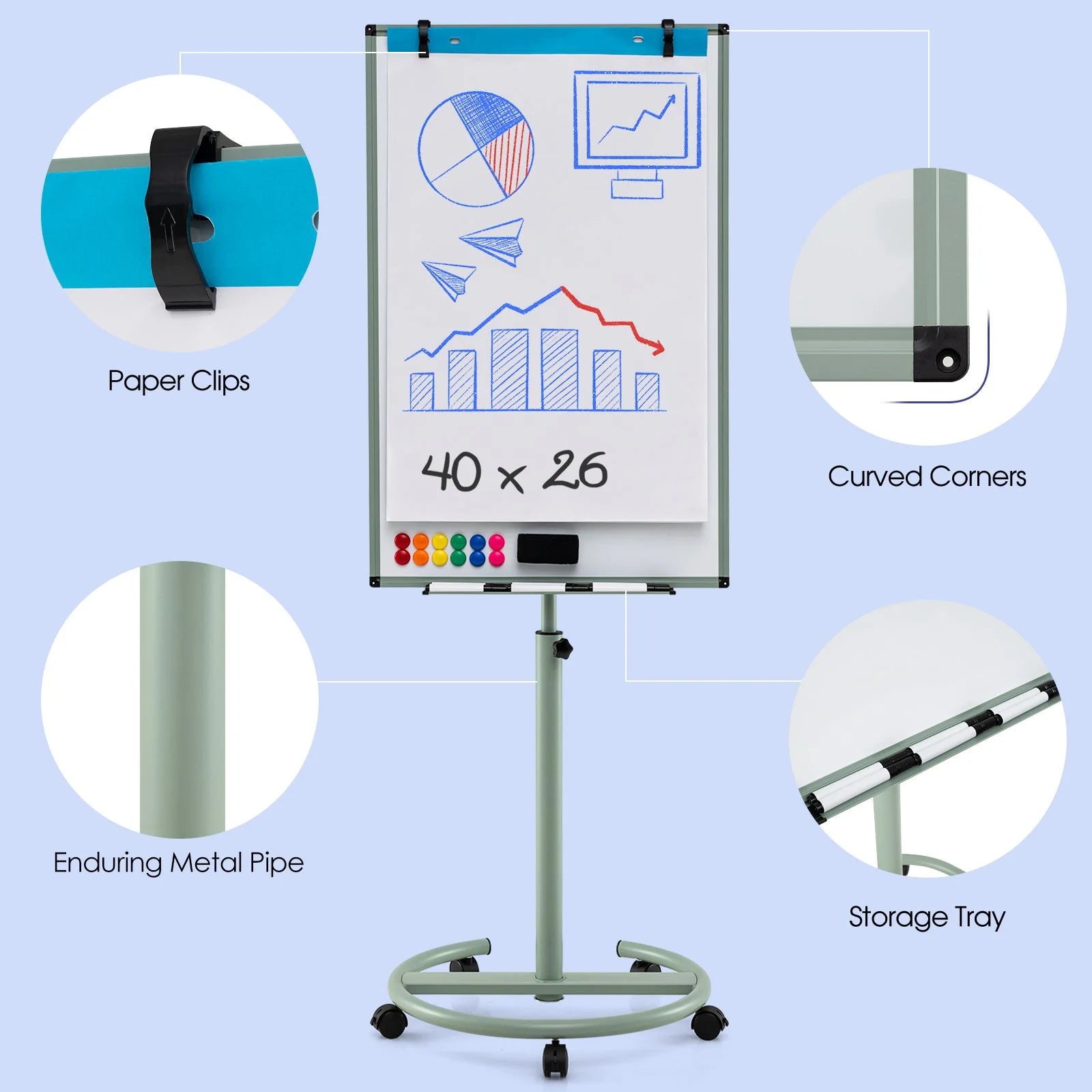 Height-Adjustable Magnetic Whiteboard on Wheels – 100 x 65 cm with Accessories