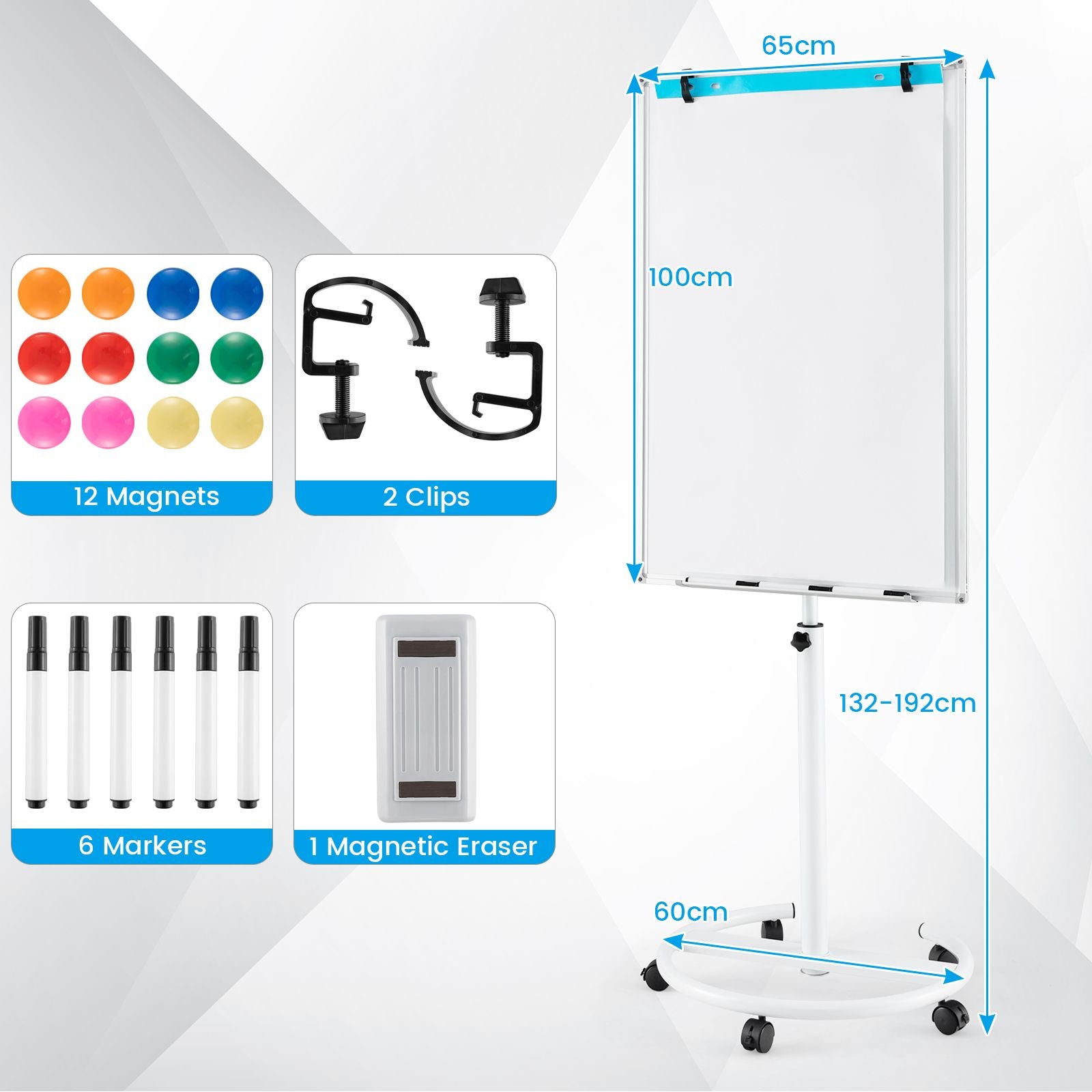 Height-Adjustable Magnetic Whiteboard on Wheels – 100 x 65 cm with Accessories