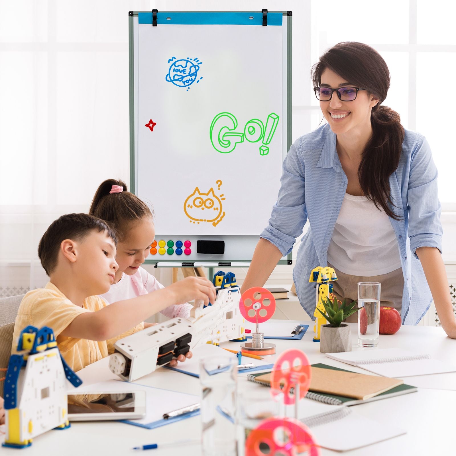 Height-Adjustable Magnetic Whiteboard on Wheels – 100 x 65 cm with Accessories