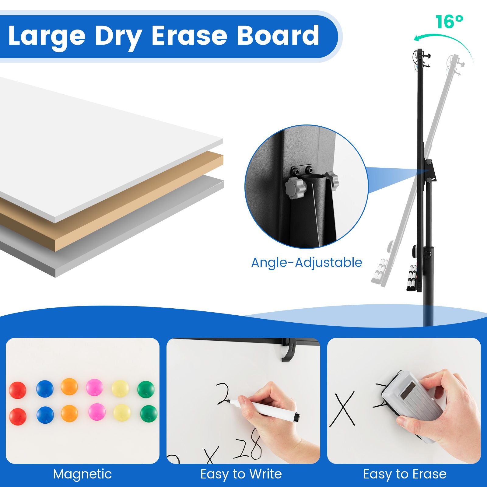Height-Adjustable Magnetic Whiteboard on Wheels – 100 x 65 cm with Accessories