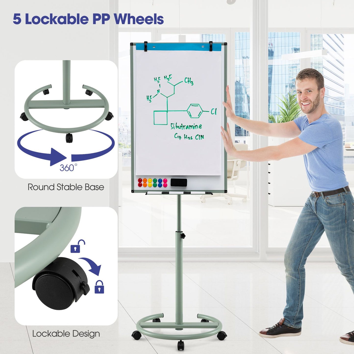 Height-Adjustable Magnetic Whiteboard on Wheels – 100 x 65 cm with Accessories