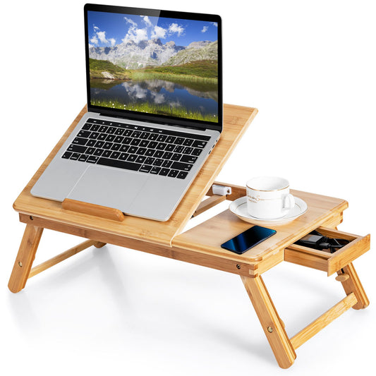 Portable Bamboo Laptop Lap Tray with Adjustable Legs and Tilting Surface for Comfortable Work