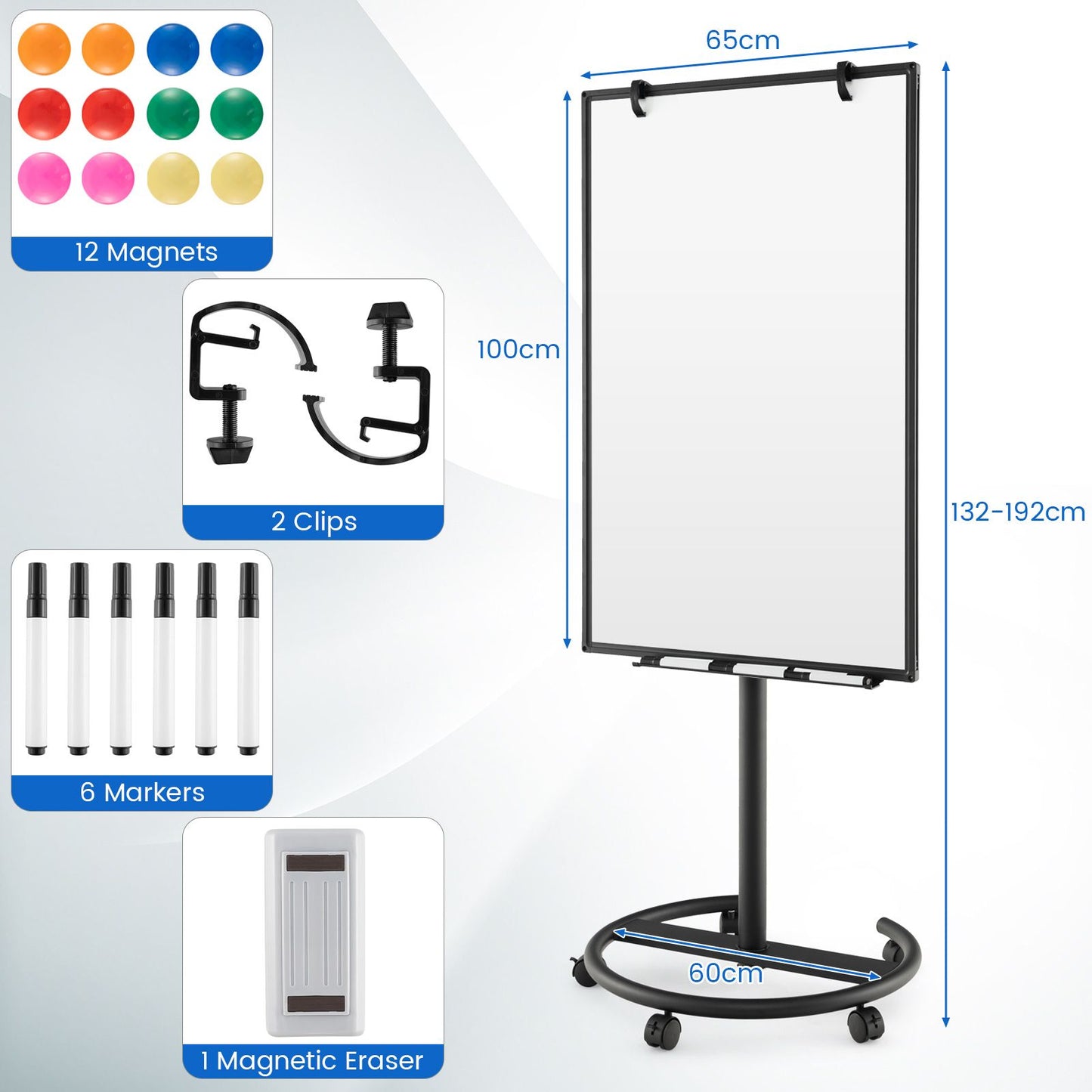 Height-Adjustable Magnetic Whiteboard on Wheels – 100 x 65 cm with Accessories