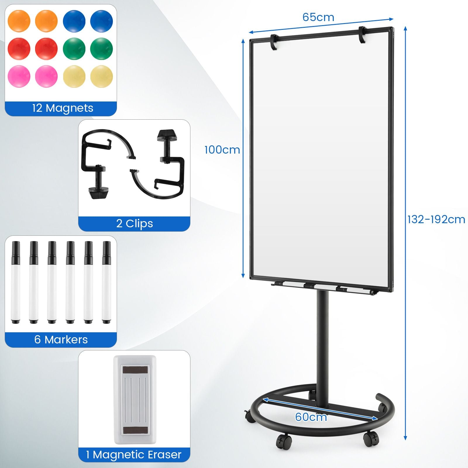 Height-Adjustable Magnetic Whiteboard on Wheels – 100 x 65 cm with Accessories