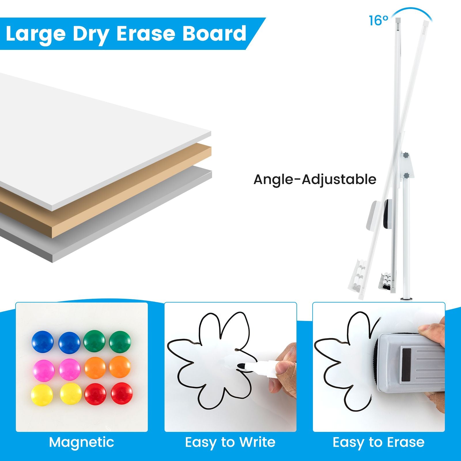 Height-Adjustable Magnetic Whiteboard on Wheels – 100 x 65 cm with Accessories