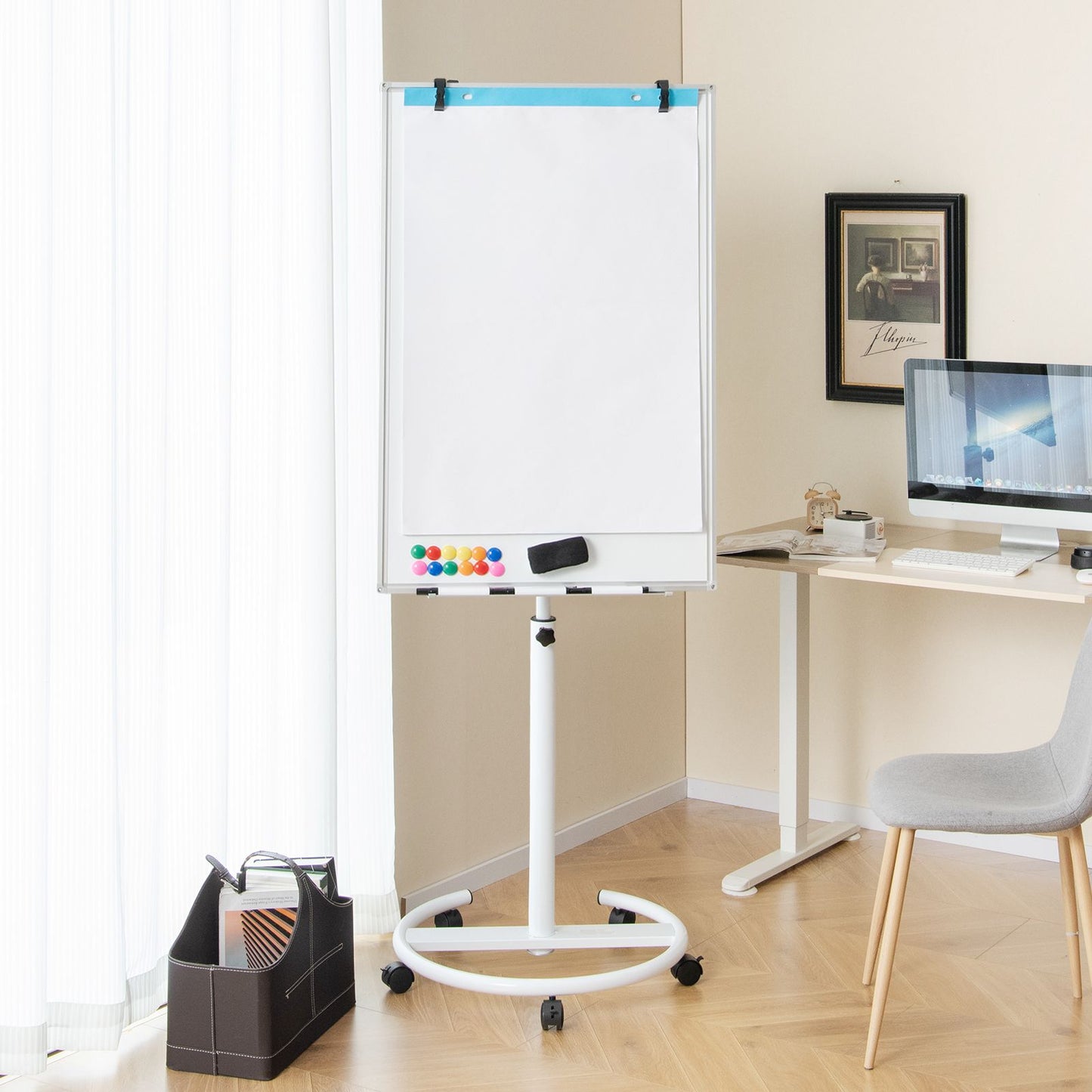Height-Adjustable Magnetic Whiteboard on Wheels – 100 x 65 cm with Accessories