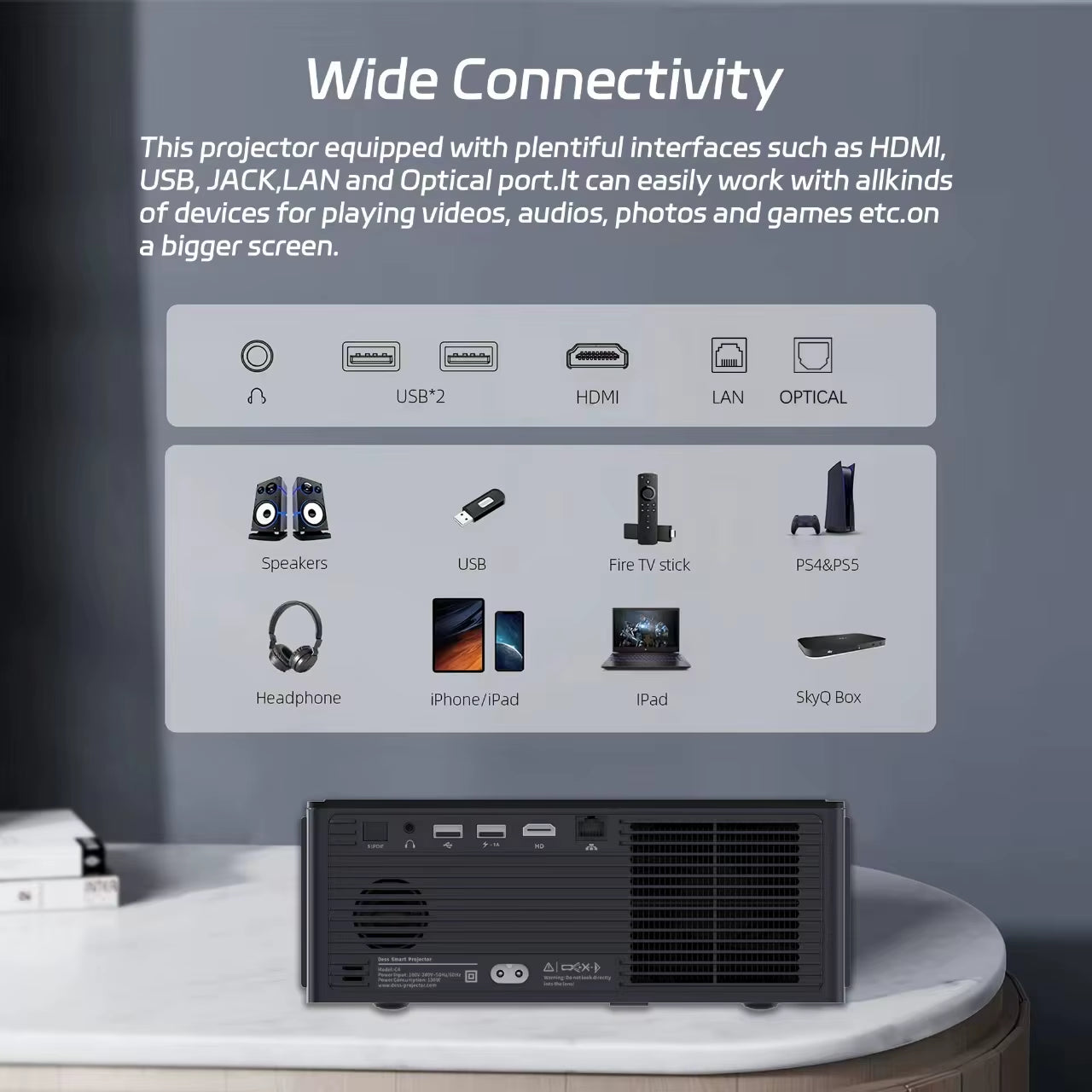 C4 Pro 1080P Smart Projector – 4K Support, 1200 ANSI Lumens, 32GB Storage Home Theater Beamer